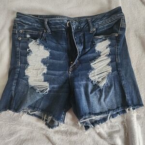 American Eagle Outfitters Distressed Dark Blue High Waist Denim Shorts